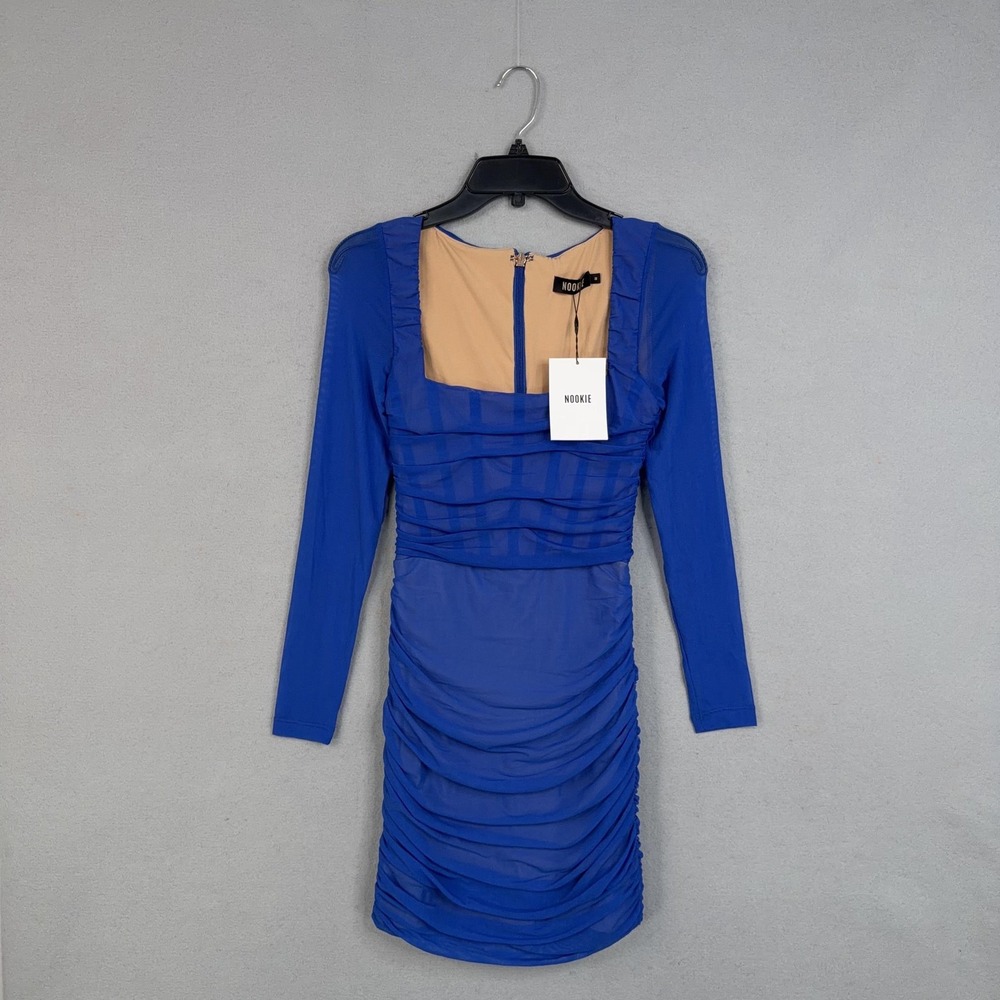 Nookie Dress Womens Medium Blue Ruched Mesh Vision Bodycon Mini Cocktail NWT - Picture 1 of 10